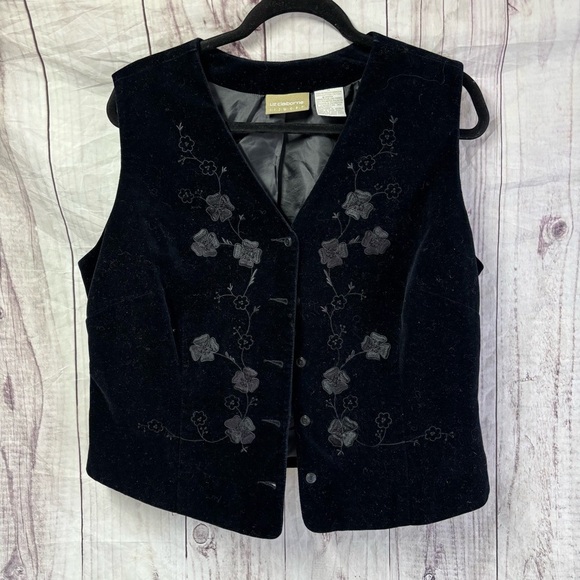 Vintage Black velvet Academia Embroidered Button Up Floral V-Neck Vest 14 - Picture 2 of 7